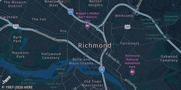Map of Richmond, VA. The exact address of Stony Point Fashion Park is not known, so the map shows the area rather than a specific building.