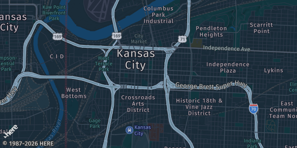 Map of Kansas City, MO. The exact address of Planet Comicon is not known, so the map shows the area rather than a specific building.