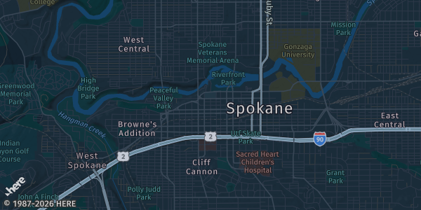 Map of Spokane, WA. The exact address of Spokane Convention Center - Room 100A is not known, so the map shows the area rather than a specific building.