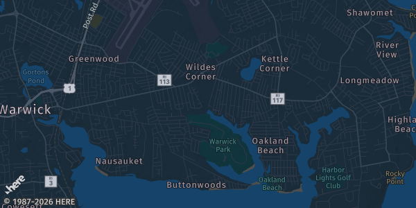 Map of Warwick, RI. The exact address of Teamworks Warwick is not known, so the map shows the area rather than a specific building.