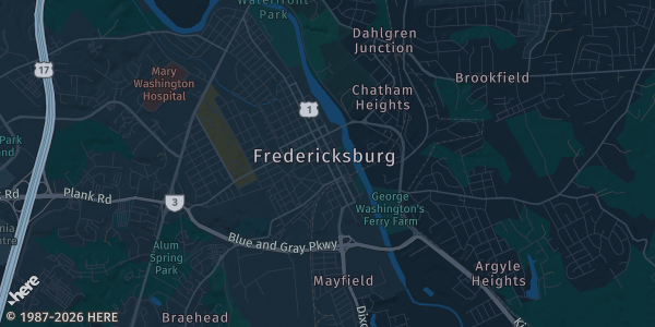 Map of Fredericksburg, VA. The exact address of Fredericksburg Field House is not known, so the map shows the area rather than a specific building.