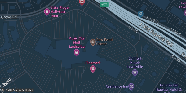 Map showing NTX Arena in Lewisville, TX.