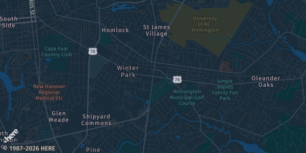 Map of Wilmington, NC. The exact address of Waterline Brewing Company is not known, so the map shows the area rather than a specific building.