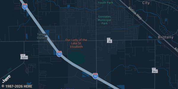 Map of Gonzales, LA. The exact address of Poke Bash Card Show is not known, so the map shows the area rather than a specific building.