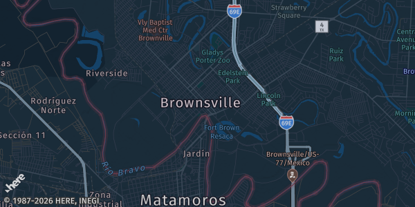 Map of Brownsville, TX. The exact address of Brownsville Sports Park Dome is not known, so the map shows the area rather than a specific building.