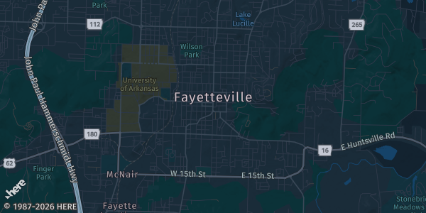 Map of Fayetteville, AR. The exact address of Hilton Garden Inn - Fayetteville is not known, so the map shows the area rather than a specific building.