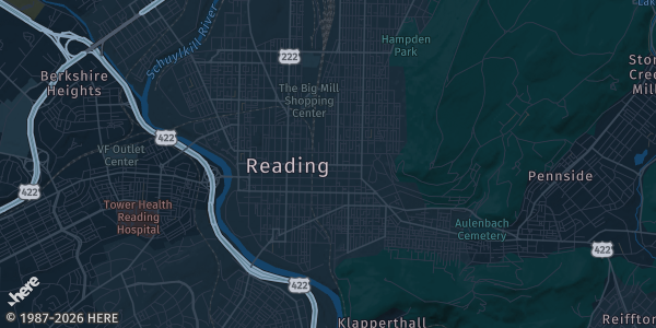 Map of Reading, PA. The exact address of Hilton Doubletree Hotel is not known, so the map shows the area rather than a specific building.