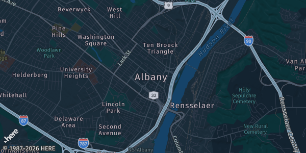 Map of Albany, NY. The exact address of Crowne Plaza Albany- The Desmond Hotel is not known, so the map shows the area rather than a specific building.