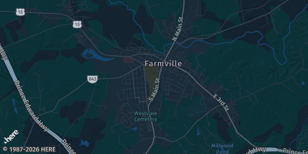 Map of Farmville, VA. The exact address of POKEKON-FEST \| ALL POKEMON SHOW is not known, so the map shows the area rather than a specific building.