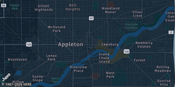 Map of Appleton, WI. The exact address of Hilton Appleton Paper Valley is not known, so the map shows the area rather than a specific building.