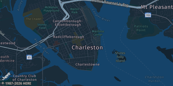 Map of Charleston, SC. The exact address of Embassy Suites Convention Center is not known, so the map shows the area rather than a specific building.