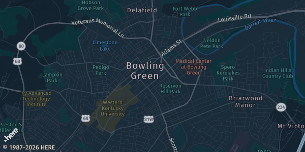 Map of Bowling Green, KY. The exact address of National Corvette Museum CONVENTION CENTER is not known, so the map shows the area rather than a specific building.
