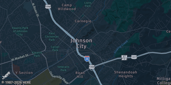 Map of Johnson City, TN. The exact address of Holiday Inn Hotel is not known, so the map shows the area rather than a specific building.
