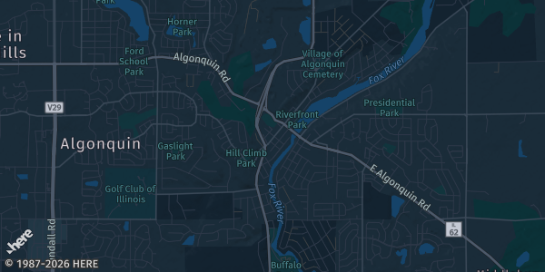 Map of Algonquin, IL. The exact address of Scorched Earth Brewing is not known, so the map shows the area rather than a specific building.