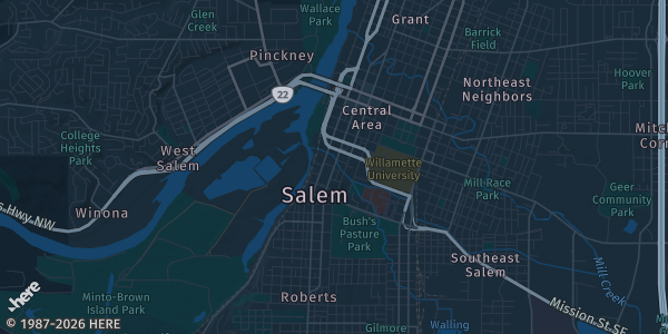 Map of Salem, OR. The exact address of Oregon State Fairgrounds is not known, so the map shows the area rather than a specific building.