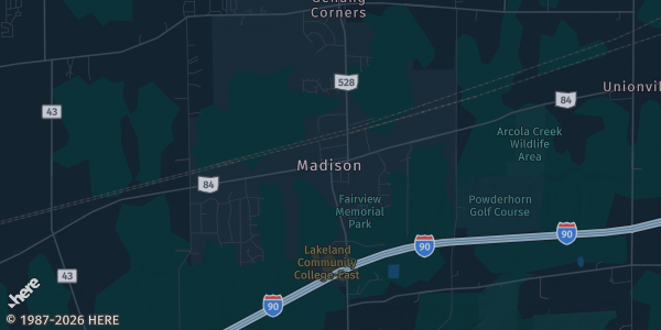 Map of Madison, OH. The exact address of Madison Combined Martial Arts is not known, so the map shows the area rather than a specific building.