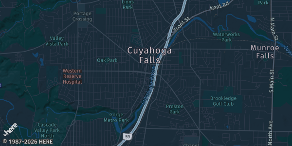 Map of Cuyahoga Falls, OH. The exact address of Emidio and Sons Banquet Center is not known, so the map shows the area rather than a specific building.