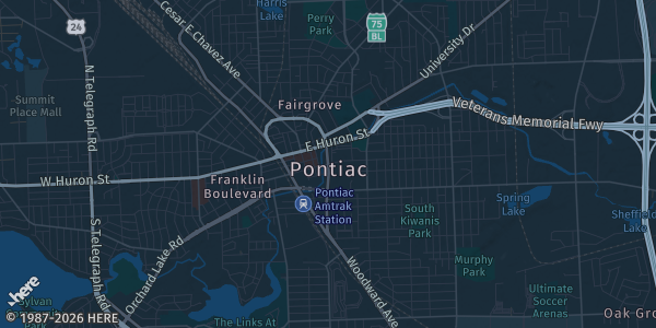 Map of Pontiac, MI. The exact address of UWM Sports Complex is not known, so the map shows the area rather than a specific building.