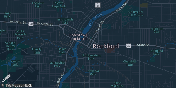 Map of Rockford, IL. The exact address of IBEW 364 Banquet Hall is not known, so the map shows the area rather than a specific building.