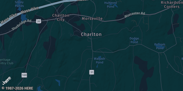 Map of Charlton, MA. The exact address of St. Joseph's Church is not known, so the map shows the area rather than a specific building.