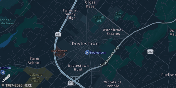 Map of Doylestown, PA. The exact address of Puck Live at Great Barn is not known, so the map shows the area rather than a specific building.