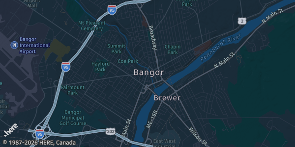 Map of Bangor, ME. The exact address of Cross Insurance Center is not known, so the map shows the area rather than a specific building.