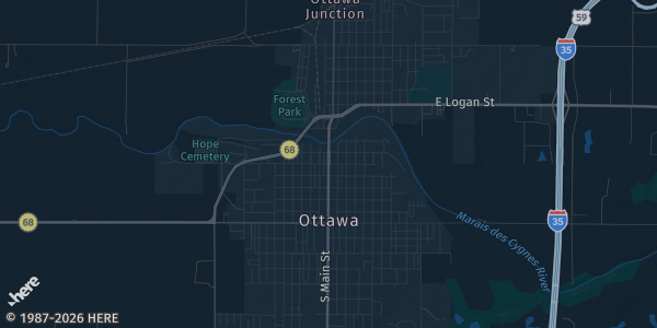 Map of Ottawa, KS. The exact address of Ottawa Memorial Auditorium is not known, so the map shows the area rather than a specific building.