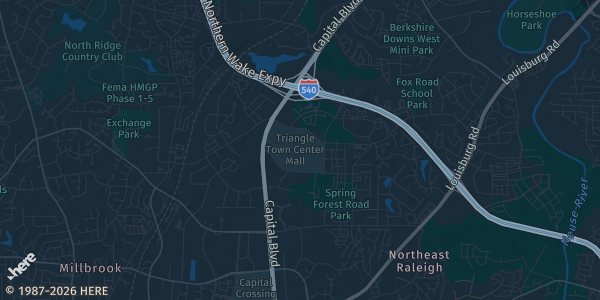 Map of Raleigh, NC. The exact address of Triangle Town Center is not known, so the map shows the area rather than a specific building.