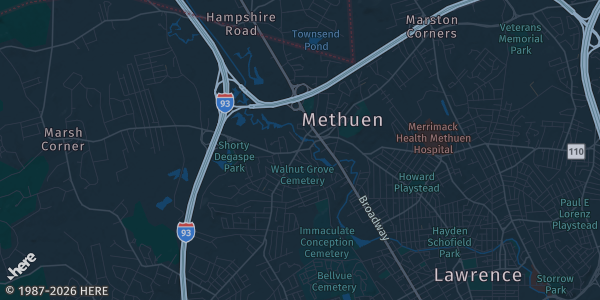 Map of Methuen, MA. The exact address of Marsh Grammar School is not known, so the map shows the area rather than a specific building.
