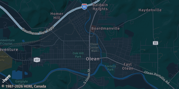 Map of Olean, NY. The exact address of Weston Mills Fire Department is not known, so the map shows the area rather than a specific building.