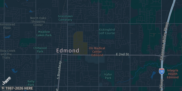 Map of Edmond, OK. The exact address of Edmond Conference Center is not known, so the map shows the area rather than a specific building.