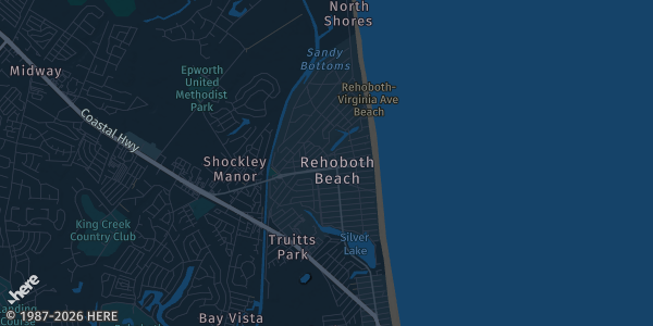 Map of Rehoboth Beach, DE. The exact address of Rehoboth Beach Convention Center is not known, so the map shows the area rather than a specific building.