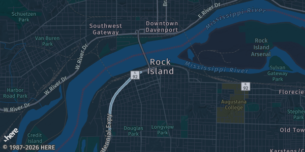 Map of Rock Island, IL. The exact address of RINAZ Gym is not known, so the map shows the area rather than a specific building.