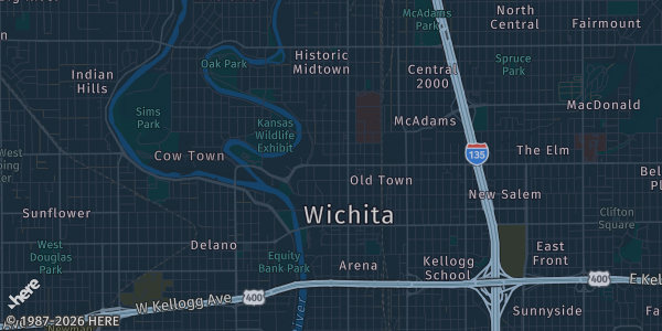 Map of Wichita, KS. The exact address of Bowlero is not known, so the map shows the area rather than a specific building.