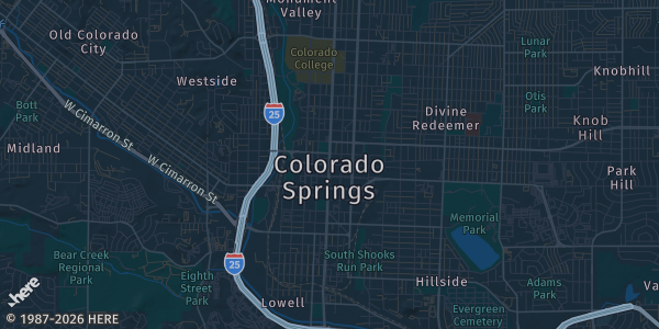 Map of Colorado Springs, CO. The exact address of Hotel Polaris is not known, so the map shows the area rather than a specific building.