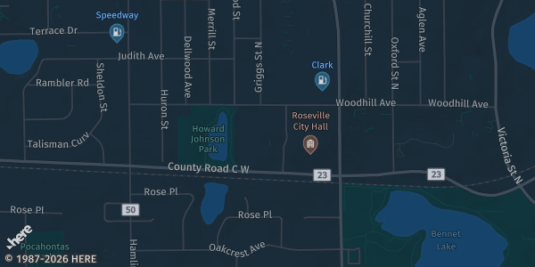 Map showing Roseville Skating Center in Roseville, MN.