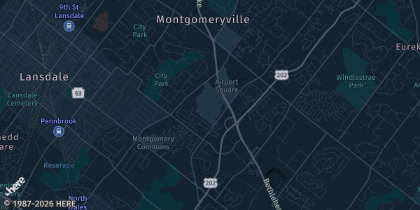 Map of North Wales, PA. The exact address of Moorestown Mall is not known, so the map shows the area rather than a specific building.