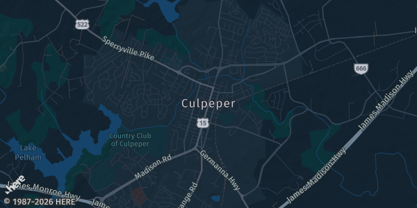 Map of Culpeper, VA. The exact address of Peppers Grill is not known, so the map shows the area rather than a specific building.