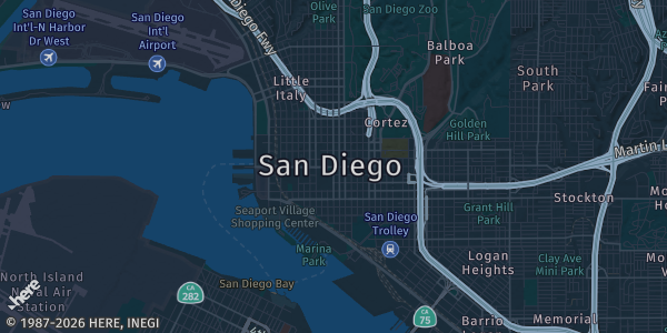 Map of San Diego, CA. The exact address of Handlery Hotel San Diego is not known, so the map shows the area rather than a specific building.