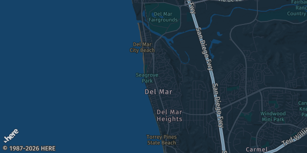 Map of Del Mar, CA. The exact address of Hilton Del Mar is not known, so the map shows the area rather than a specific building.