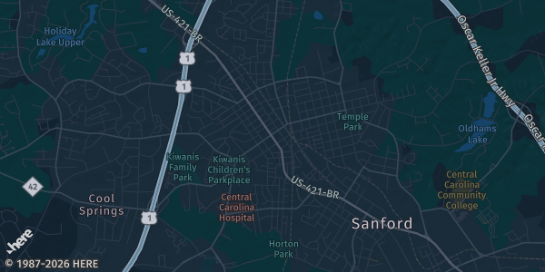 Map of Sanford, NC. The exact address of Wicker Civic Center is not known, so the map shows the area rather than a specific building.