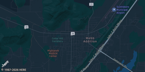 Map of Scottsboro, AL. The exact address of Scottsboro Civic Center is not known, so the map shows the area rather than a specific building.