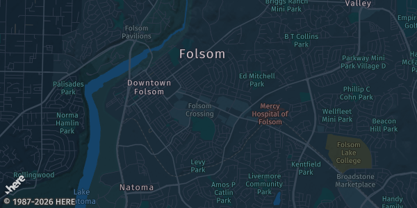 Map of Folsom, CA. The exact address of Folsom Community Center is not known, so the map shows the area rather than a specific building.
