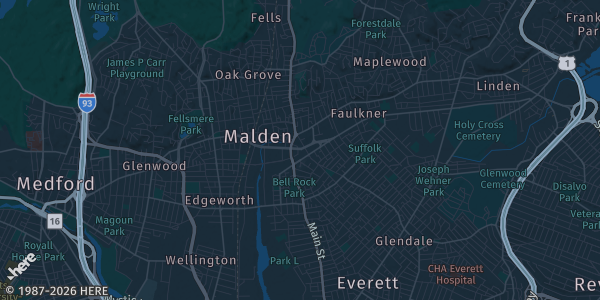 Map of Malden, MA. The exact address of MIXX 360 Nightlife is not known, so the map shows the area rather than a specific building.