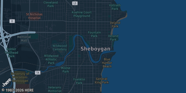 Map of Sheboygan, WI. The exact address of Bamboo Breeze Bar & Lounge is not known, so the map shows the area rather than a specific building.