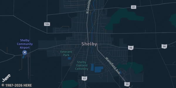 Map of Shelby, OH. The exact address of Knights of Columbus is not known, so the map shows the area rather than a specific building.