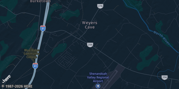 Map of Weyers Cave, VA. The exact address of Weyers Cave Community Center is not known, so the map shows the area rather than a specific building.