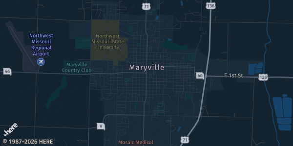 Map of Maryville, MO. The exact address of Mozingo Lake Recreation Park is not known, so the map shows the area rather than a specific building.