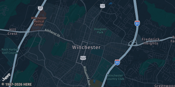 Map of Winchester, VA. The exact address of Jim Barnett Park, War Memorial Building is not known, so the map shows the area rather than a specific building.