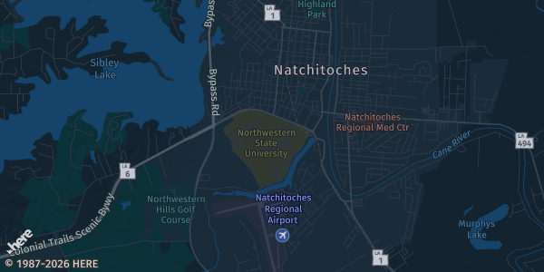 Map of Natchitoches, LA. The exact address of Northwestern State University-Freidman Student Union is not known, so the map shows the area rather than a specific building.